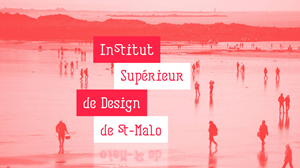 Bannière de l'Institut Supérieur de Design de Saint-Malo - Monochrome rose du logo de l'Institut D. sur fond de plage du Sillon.