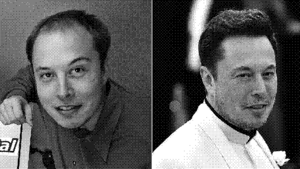 Elon Musk avant/après, avec beaucoup plus de cheveux une fois devenu milliardaire