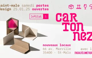 visuel pour les journées portes ouvertes. une boite en carton, sur fond blanc et des typographie roses donnant l'adresse et la date