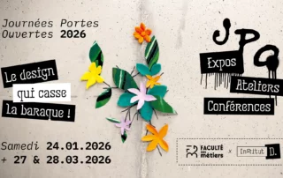 visuel de fleurs en papier sortant d'interstices dans le béton avec des blocs typographiques JPO