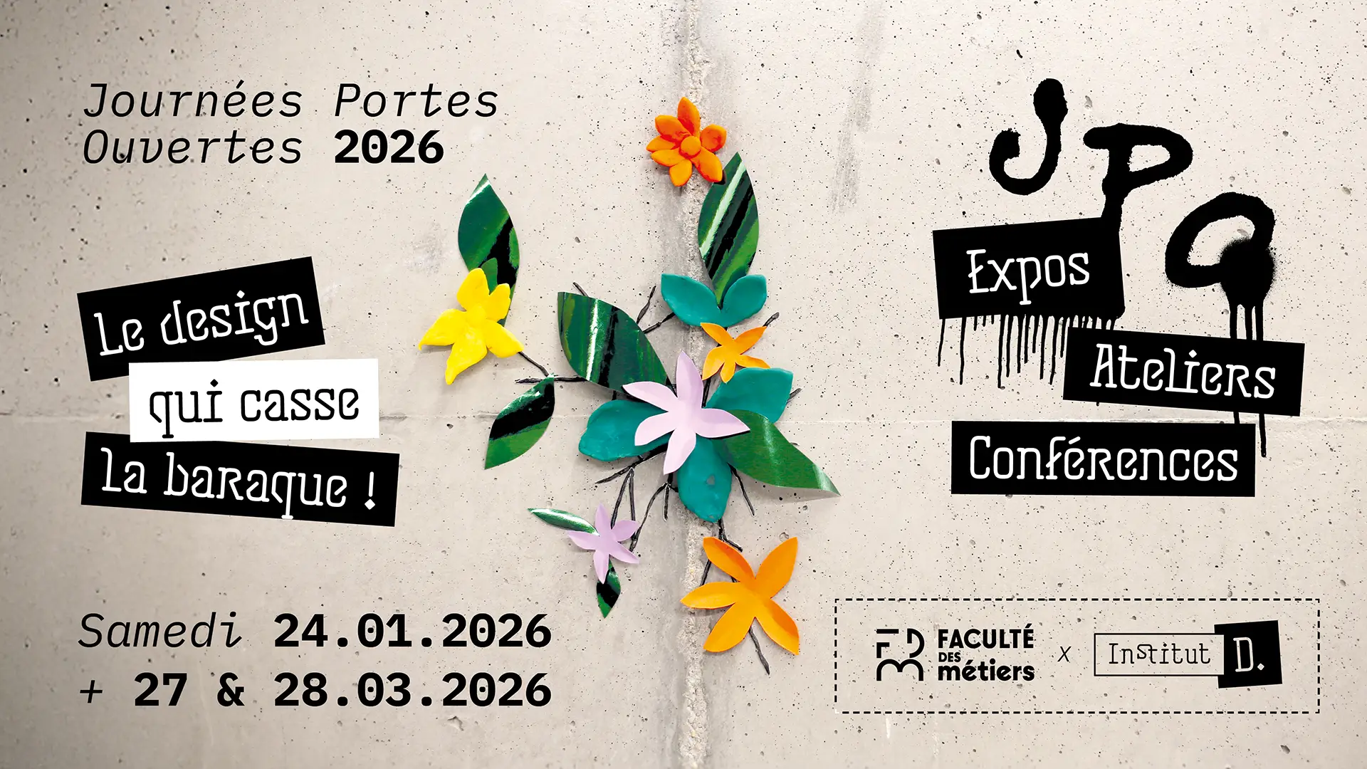 visuel de fleurs en papier sortant d'interstices dans le béton avec des blocs typographiques JPO